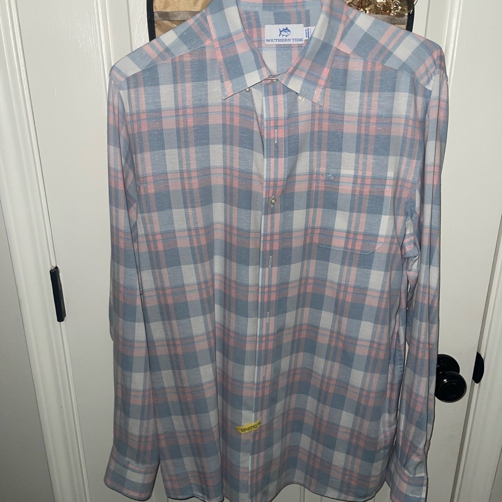 Southern Tide Men's Blue and Pink Plaid Shirt